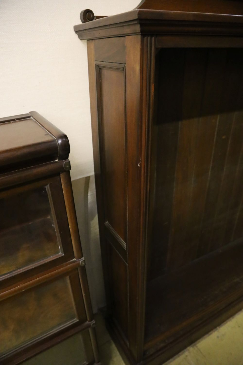 A Victorian oak open bookcase, width 121cm, depth 33cm, height 150cm